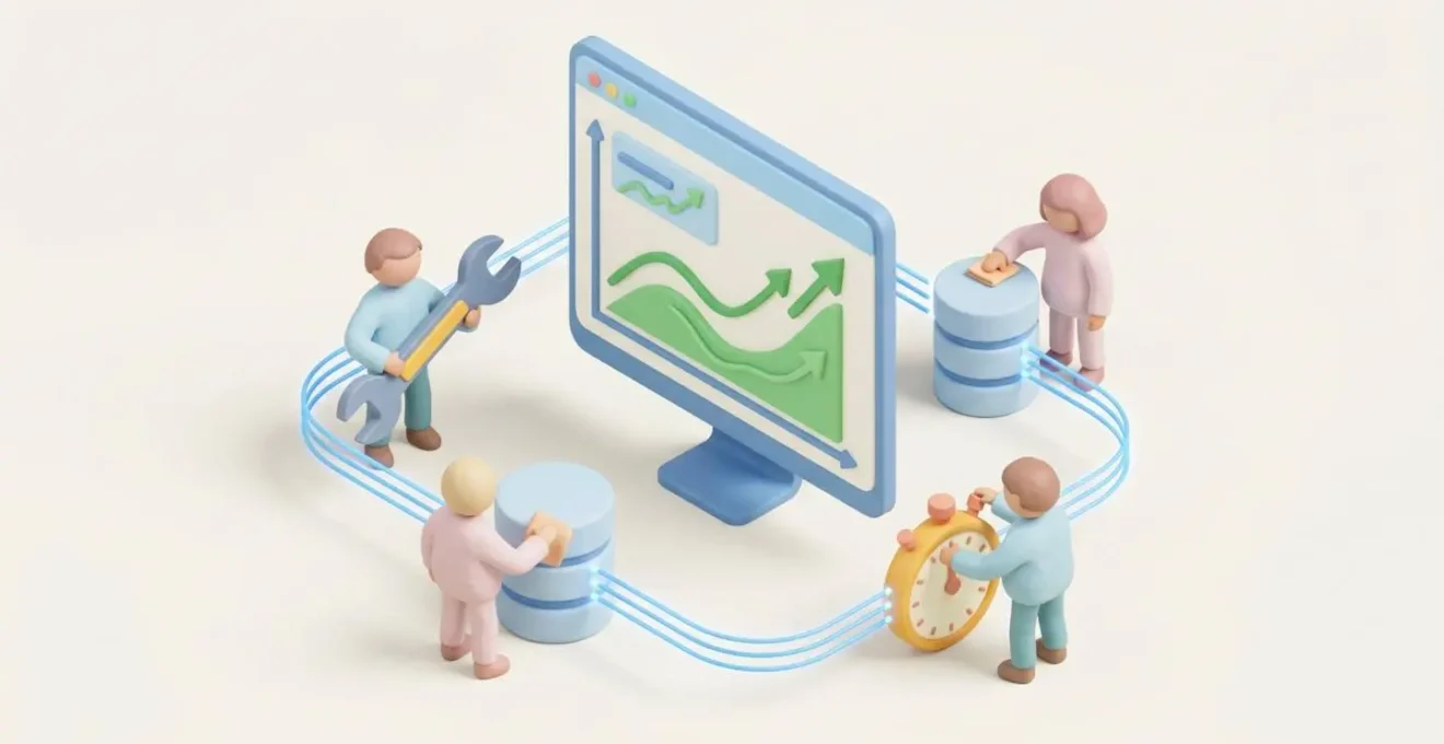 Illustration isométrique 3D montrant des personnages stylisés travaillant à optimiser un système digital, symbolisant la maintenance technique efficace.